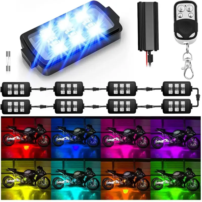 Motorcycle RGB RF Remote Control LED Pod Lights 8PCS