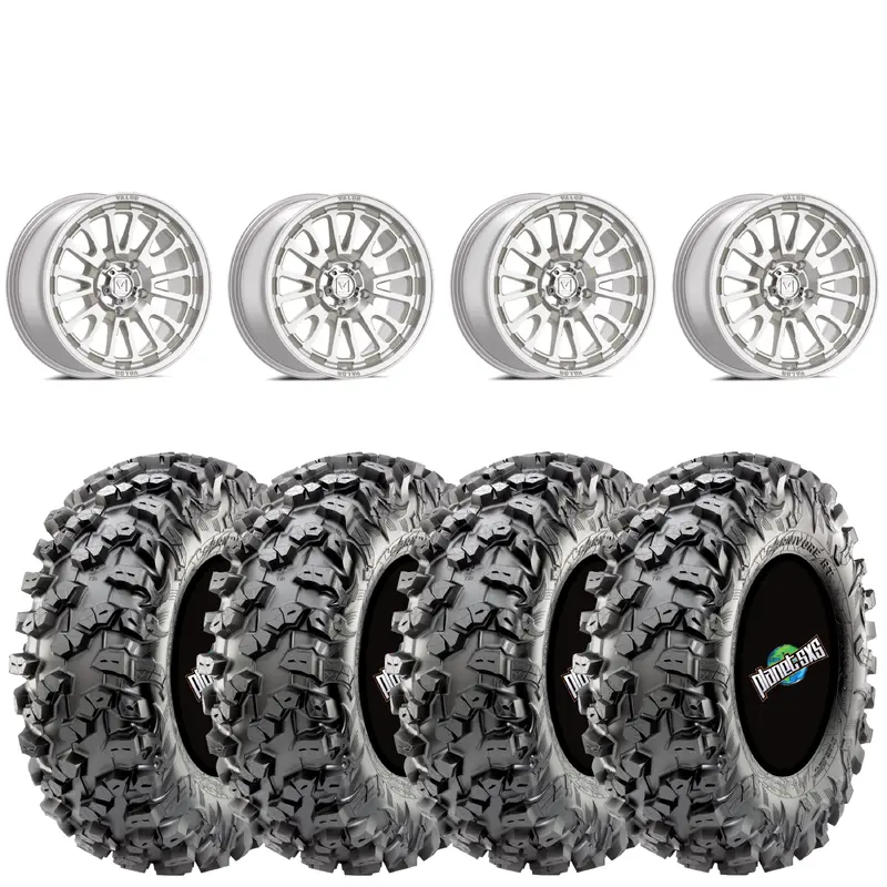 Valor V14 Raw Machined 15x7 5+2 5X4-5 on Maxxis Carnivore RT 32x10-15 8-ply