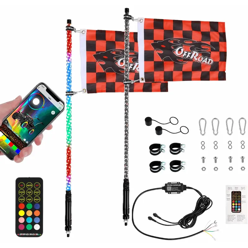 2PCS/SET | LED RGB WHIP LIGHTS | BLUETOOTH OR REMOTE CONTROLLED - 3 FT