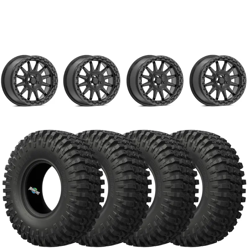 Valor Offroad V09 4/137 5+2 Brushed Charcoal beadlocks mounted on EFX MotoCrushers
