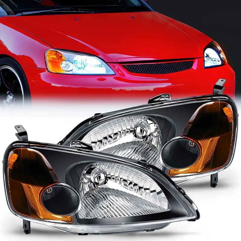2001 2002 2003 Honda Civic Headlight Assembly Black Case Amber Reflector Clear Lens